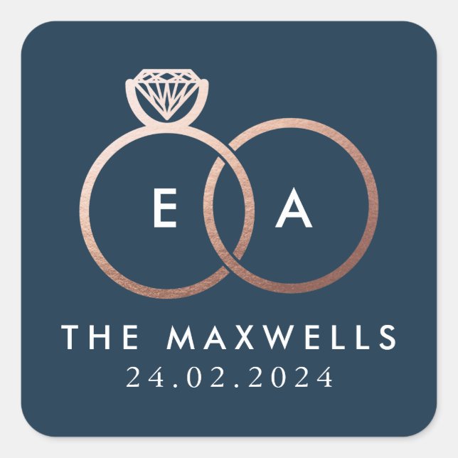 Rose Gold Wedding Ring Monogram Name Date Navy Square Sticker (Front)