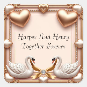 Rose Gold Wedding Swans With Rings Square Sticker