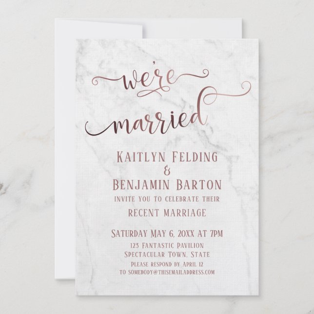 Rose Gold "We're Married" Typography w/ Marble Invitation (Front)