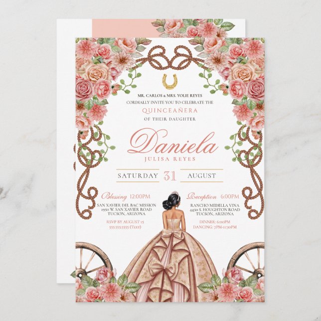 Rose Gold Western Charro Rustic Pink Quinceanera Invitation (Front/Back)