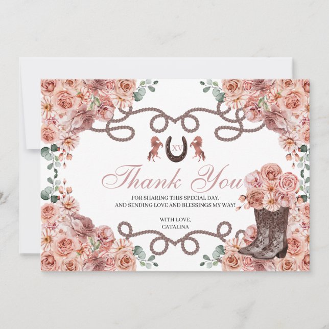 Rose Gold Western Horse Quinceanera Thank You Card (Front)