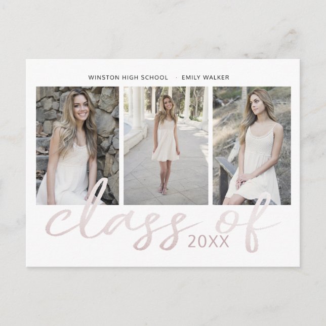 Rose Gold Whimsical Script Photo Graduation Announ Announcement Postcard (Front)