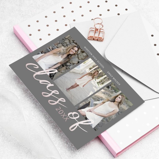 Rose Gold Whimsical Script Photo Graduation Announcement Postcard (Creator Uploaded)
