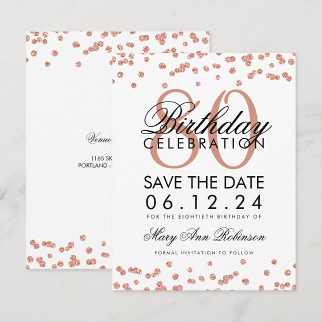 Rose Gold White 80th Birthday Save Date Confetti Invitation (Front/Back)