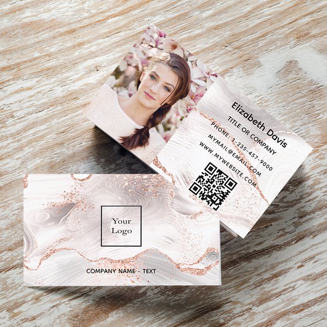 Rose gold white agate marble photo QR code logo  Business Card (Creator Uploaded)