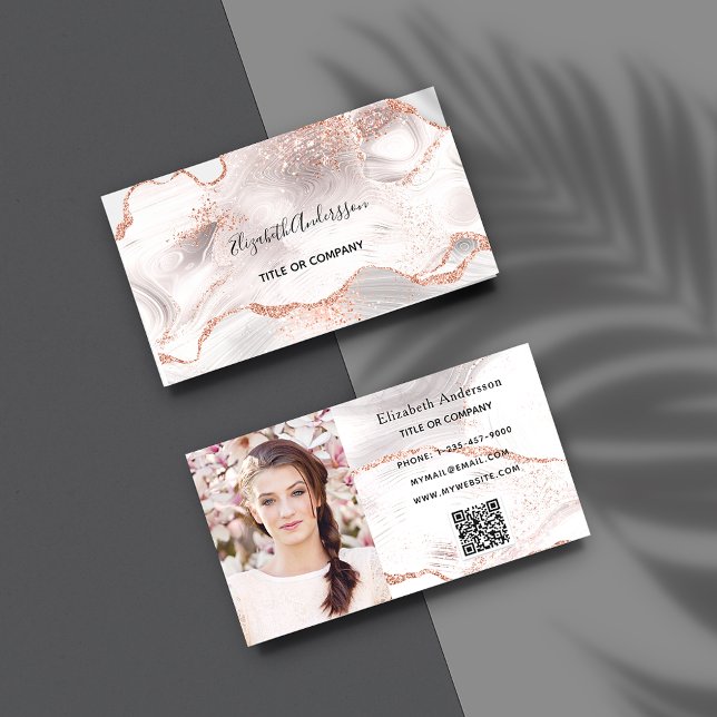 Rose gold white agate marble QR code photo Business Card (Creator Uploaded)