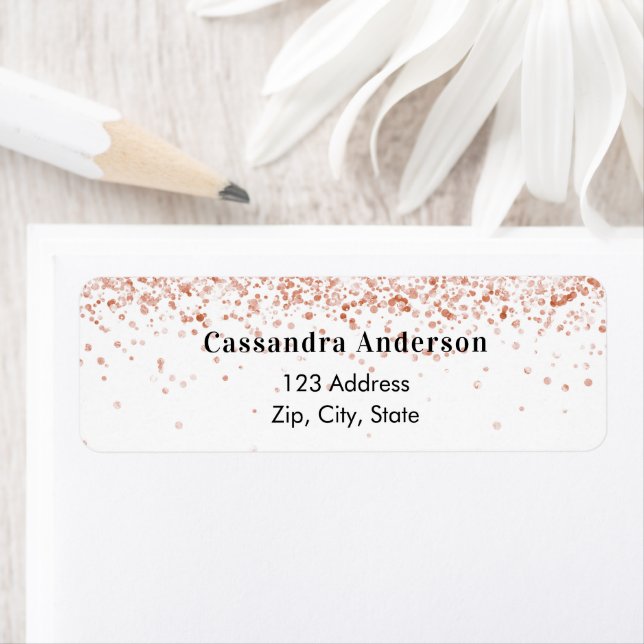 Rose gold white confetti return address label (Insitu)