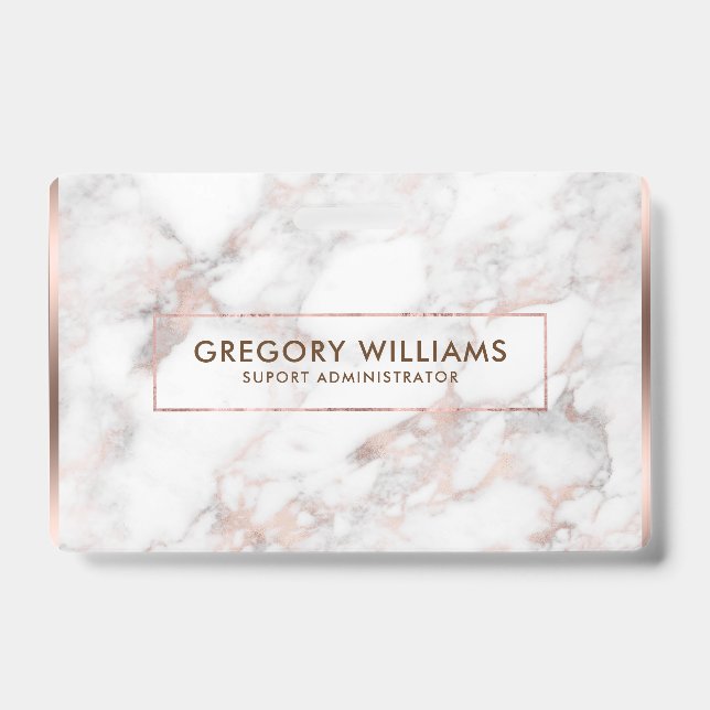 Rose-gold & White Faux Marble Border Frame ID Badge (Front)