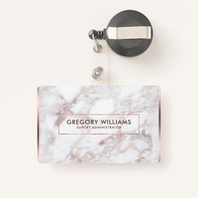 Rose-gold & White Faux Marble Border Frame ID Badge (Back with Retractable)