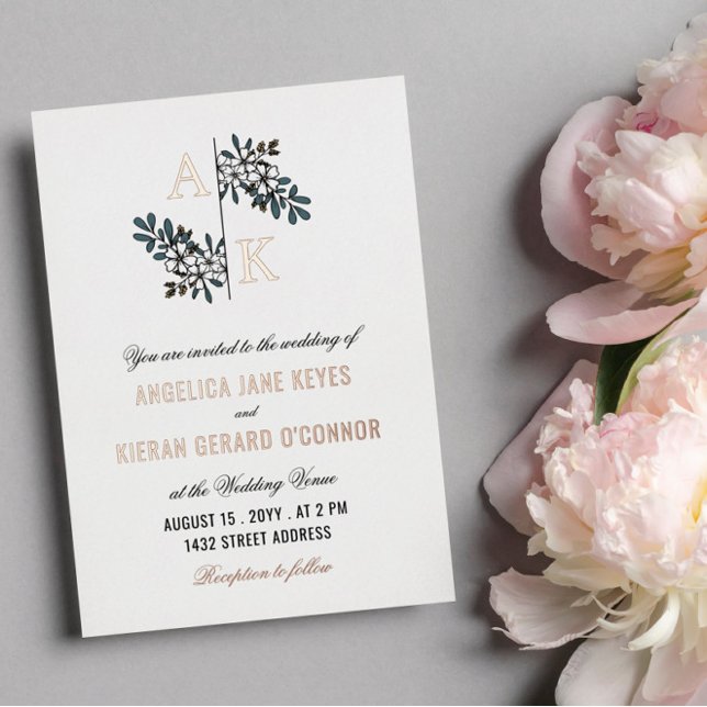 Rose Gold White Floral Monogram Wedding Foil Invit (Creator Uploaded)