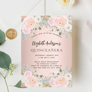 Rose gold white florals Quinceanera Invitation