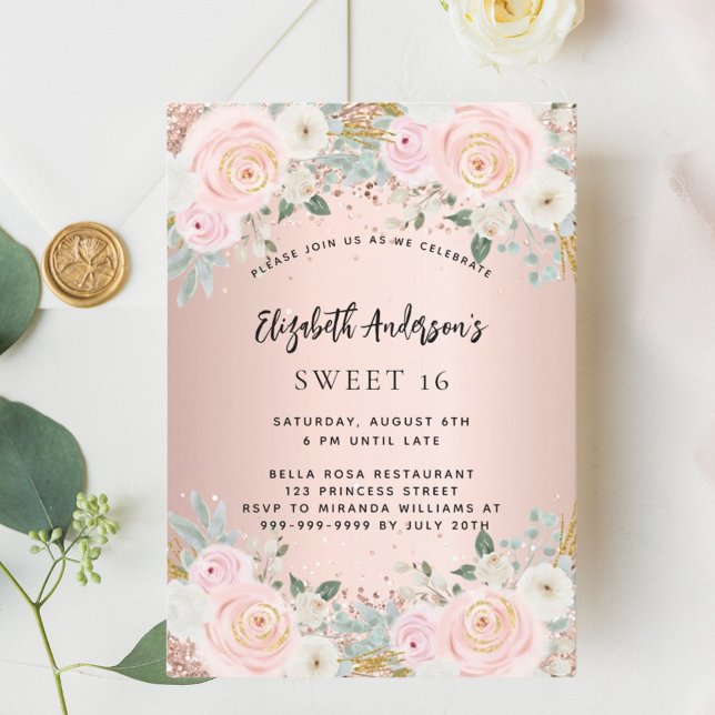 Rose gold white florals Sweet 16 Invitation (Creator Uploaded)