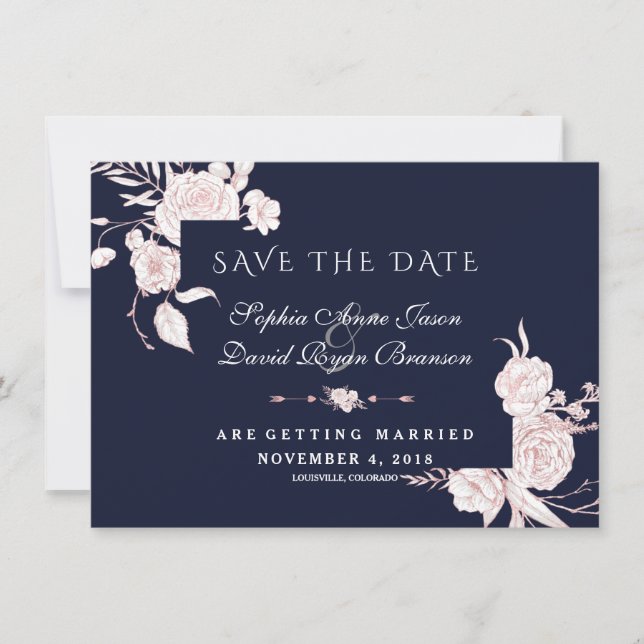 Rose Gold White Flowers Frame Wedding Save The Date (Front)