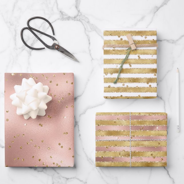 Rose Gold White Glam Glitz Stripes Birthday Wrapping Paper Sheet (Front)