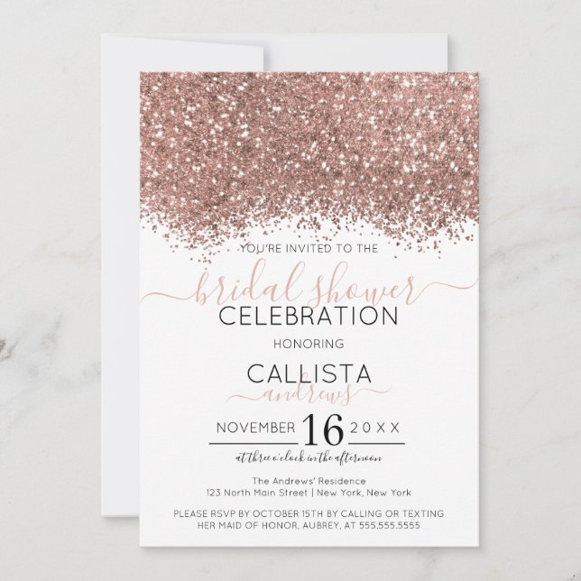 Rose Gold White Glitter Confetti Bridal Shower Invitation (Front)
