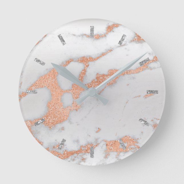 Rose Gold White Grey Carrara Marble Stone Copper Round Clock (Front)