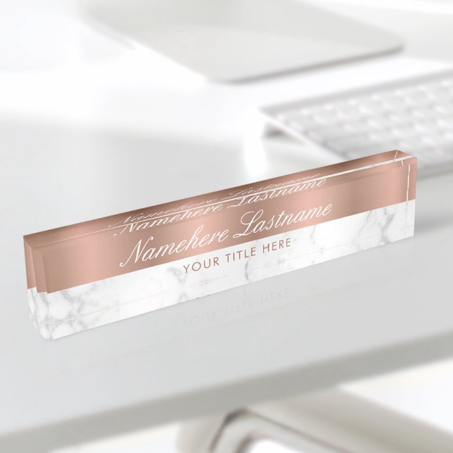 Rose Gold White Grey Marble Elegant Script Nameplate (Creator Uploaded)
