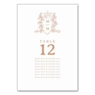 Rose gold white heart crown guests names wedding table number
