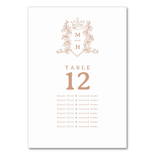 Rose gold white heart crown guests names wedding table number (Front)