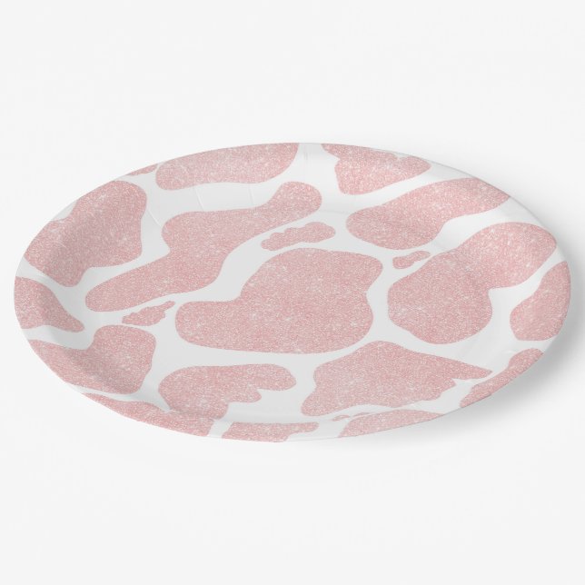 Rose Gold white Large Cow Spots Animal Pattern Paper Plate (Angled)