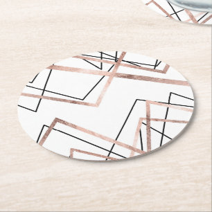 Rose Gold White Linear Triangle Abstract Pattern Round Paper Coaster