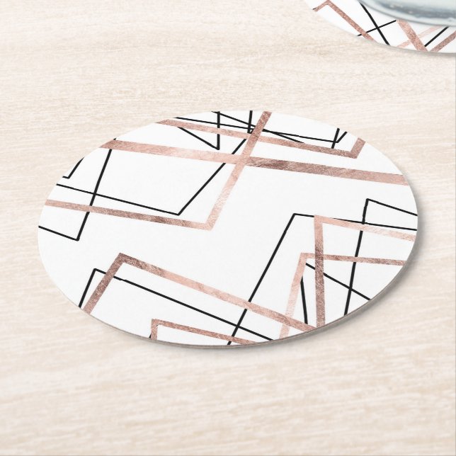 Rose Gold White Linear Triangle Abstract Pattern Round Paper Coaster (Angled)