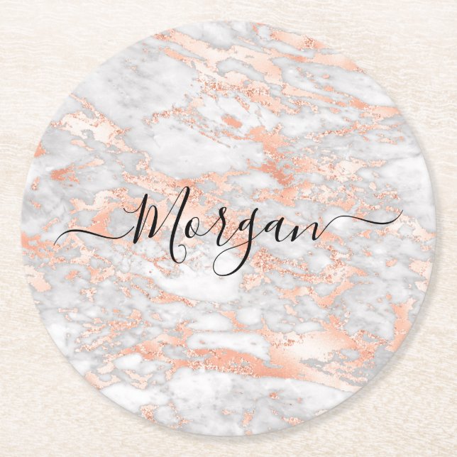 Rose Gold & White Marble, Black Script Name Round Paper Coaster (Front)