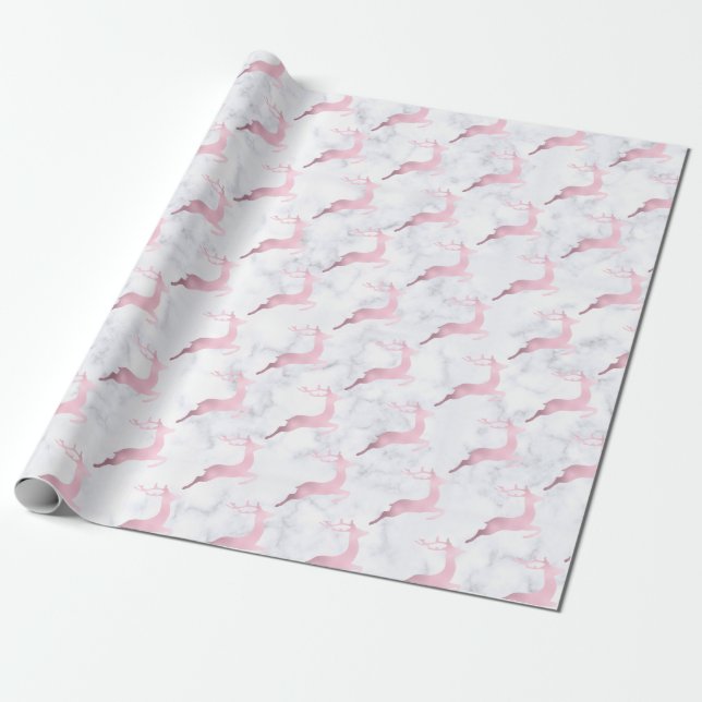 Rose gold white marble Christmas reindeer pattern Wrapping Paper (Unrolled)