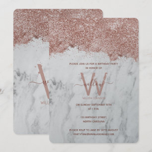 Rose Gold White Marble Glitter Any Year Birthday Invitation