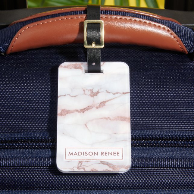 Rose Gold White Marble Personalised Name Luggage Tag (Front Insitu 2)
