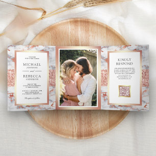 Rose Gold White Marble Photo QR Code Wedding Tri-Fold Invitation