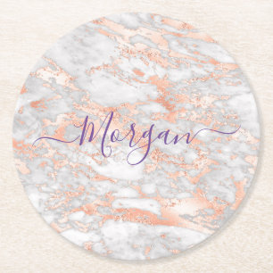 Rose Gold & White Marble, Purple Script Name Round Paper Coaster