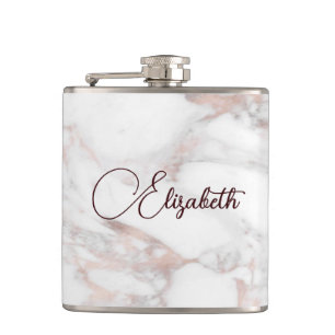 Rose Gold White Marble Script Name Template Best Hip Flask