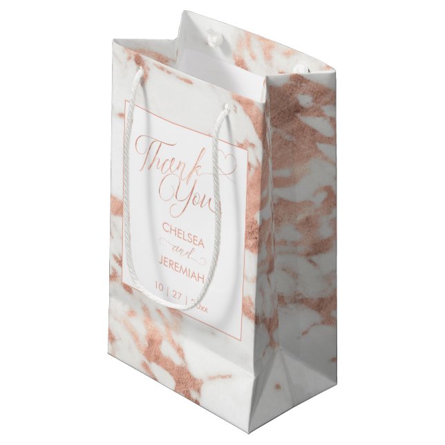 Rose Gold White Marble Thank You Small Gift Bag (Front Angled)
