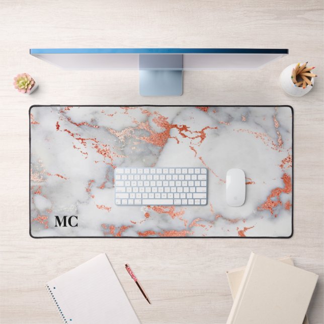Rose Gold & White Marble With Monogram Desk Mat (Office 1)