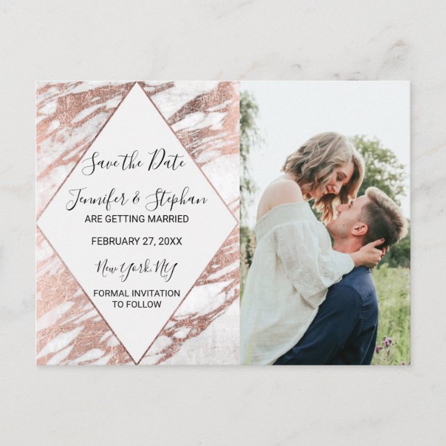 Rose Gold White Modern Marble Save the Date Announcement Postcard (Front)