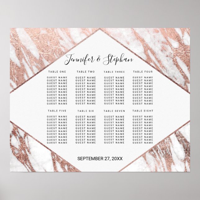 Rose Gold White Modern Marble Seating Chart (Front)