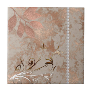 Rose Gold, White Pearls, Floral Square  Ceramic Tile