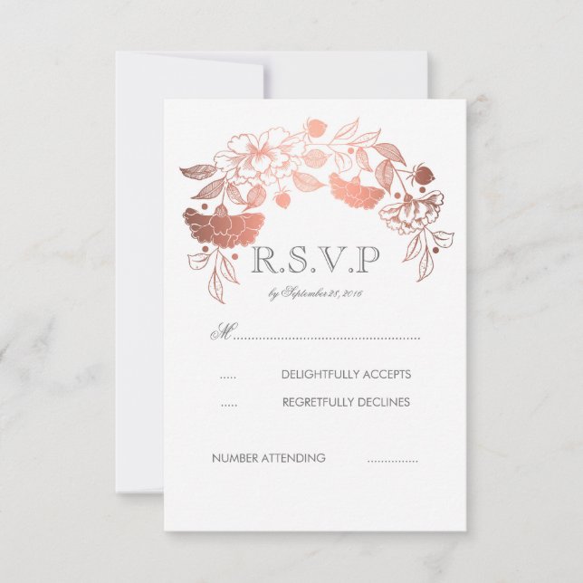 Rose Gold White Peonies Laurel Wedding RSVP Cards (Front)