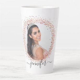 Rose gold white photo glitter name script latte mug