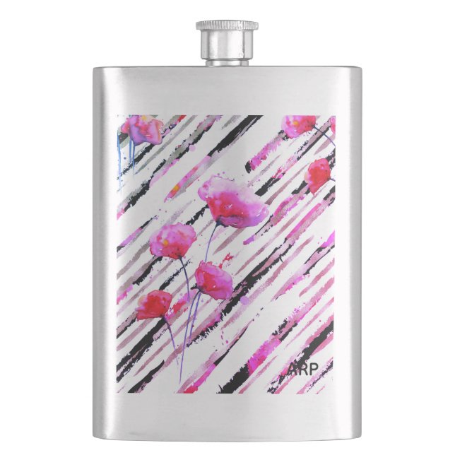 *~* Rose Gold White Pink Lavender Poppy Pattern Hip Flask (Front)