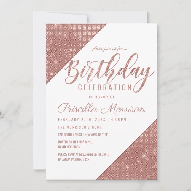 Rose Gold White Sparkling Glitter Sequin Birthday Invitation (Front)