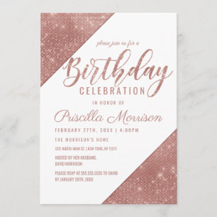 Rose Gold White Sparkling Glitter Sequin Birthday Invitation
