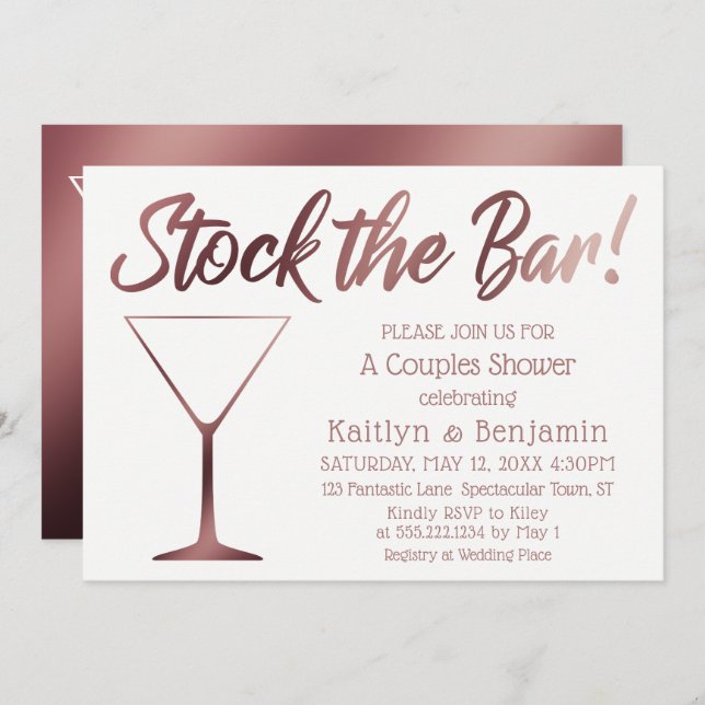 Rose Gold & White Stock the Bar Couples Shower Invitation (Front/Back)