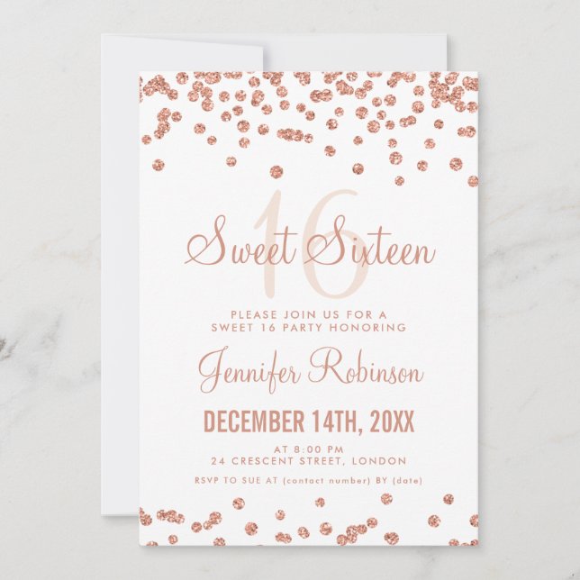 Rose Gold White Sweet 16 Birthday Glitter Confetti Invitation (Front)