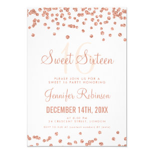 Rose Gold White Sweet 16 Birthday Glitter Confetti Invitation