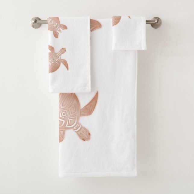 Rose Gold White Turtles Bath Towel Set (Insitu)