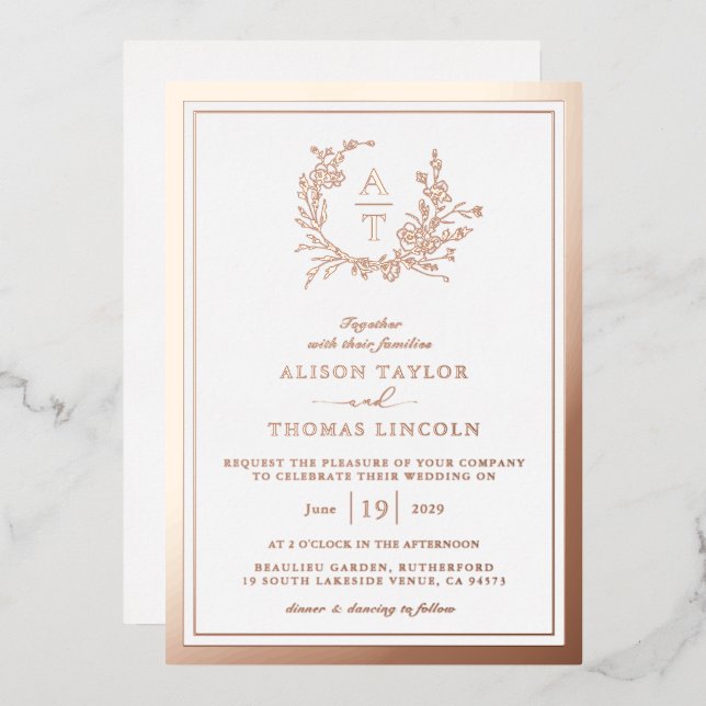 Rose Gold Wildflower Crest Monogram Wedding Real  (Front/Back)