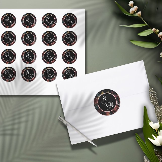 Rose Gold Wildflowers Bouquet Monogram Sticker (Modern floral monogram custom stickers to compliment your wedding invitations and thank you cards.)