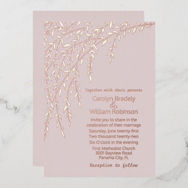 Rose Gold Willows Blush Wedding Foil Invitation (Front/Back)